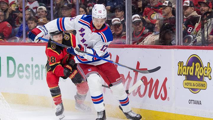 Oct 24, 2026; Ottawa, Ontario, CAN;  Ottawa Senators right wing Claude Giroux (28) chases New York Rangers defenseman Alberts Smits (12) in the first period at the Canadian Tire Centre.  Mandatory Credit: Marc DesRosiers-Imagn