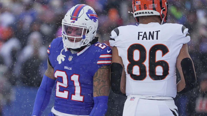 Buffalo Bills safety Jordan Poyer reacts to a tackle during first half action at Highmark Stadium in Orchard Park on Dec. 7, 2025.
