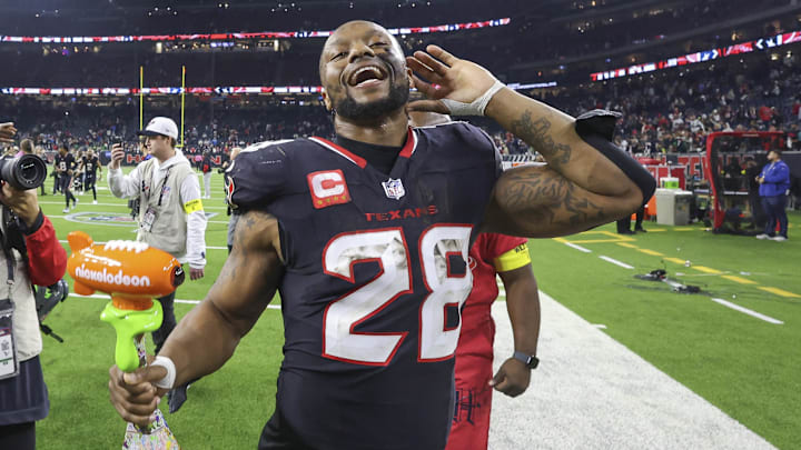 Jan 11, 2025; Houston, Texas, USA; Houston Texans running back Joe Mixon (28) reacts after the game against the Los Angeles Chargers in an AFC wild card game at NRG Stadium. Mandatory Credit: Troy Taormina-Imagn Images