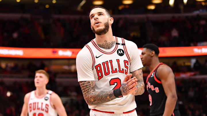 Feb 28, 2025; Chicago, Illinois, USA; Chicago Bulls guard Lonzo Ball (2) reacts during a game against the Toronto Raptors at the United Center. Mandatory Credit: Patrick Gorski-Imagn Images Feb 28, 2025; Chicago, Illinois, USA; Chicago Bulls guard Lonzo Ball (2) reacts during a game against the Toronto Raptors at the United Center. Mandatory Credit: Patrick Gorski-Imagn Images
