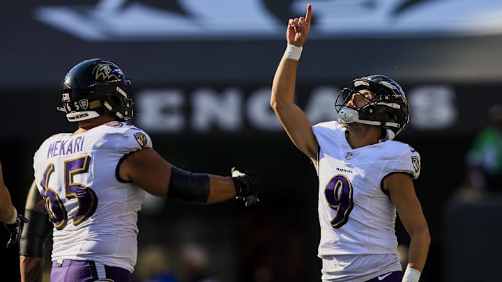 Baltimore Ravens kicker Justin Tucker (9) reacts after his field goal is good in the second half against the Cincinnati Bengals at Paycor Stadium. 