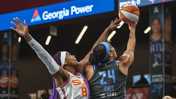 Atlanta Dream forward Brionna Jones (24) shoots the ball against Connecticut Sun forward Aaliyah Edwards (8) during the first quarter at Gateway Center Arena at College Park.