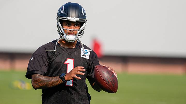  Atlanta Falcons quarterback Tua Tagovailoa (1) shown on the field during training camp at IBM Performance Field.