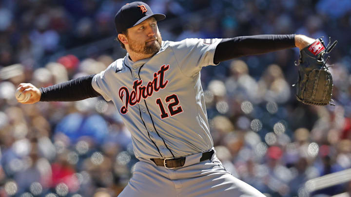 Apr 21, 2024; Minneapolis, Minnesota, USA; Detroit Tigers starting pitcher Casey Mize (12) throws to