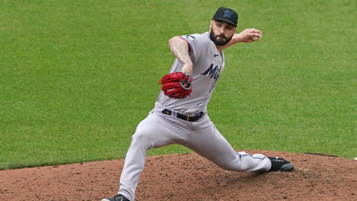 Jul 16, 2023; Baltimore, Maryland, USA; Miami Marlins pitcher Tanner Scott (66) delivers in the eighth inning against the Baltimore Orioles at Oriole Park at Camden Yards.