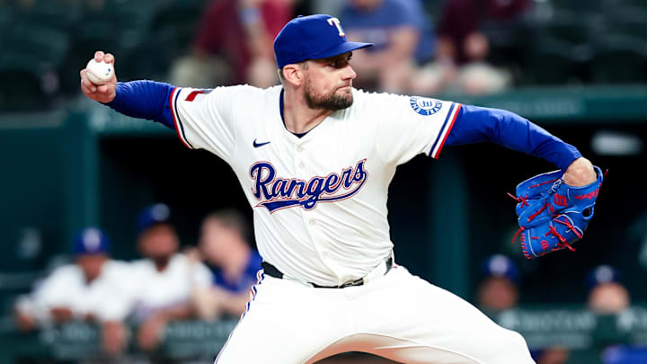 May 27, 2025; Arlington, Texas, USA; Texas Rangers starting pitcher Nathan Eovaldi (17) throws during the first inning against the Toronto Blue Jays at Globe Life Field. May 27, 2025; Arlington, Texas, USA; Texas Rangers starting pitcher Nathan Eovaldi (17) throws during the first inning against the Toronto Blue Jays at Globe Life Field.