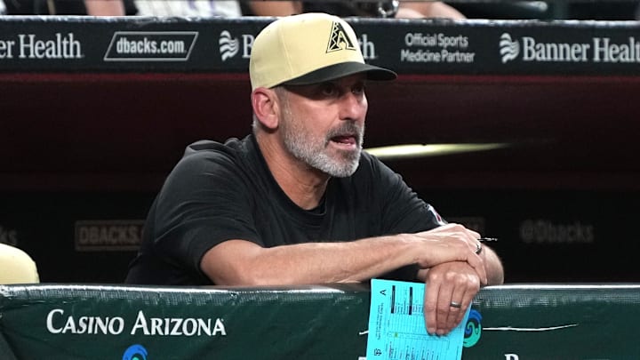 Sep 24, 2024; Phoenix, Arizona, USA; Arizona Diamondbacks manager Torey Lovullo (17) watches against the San Francisco Giants in the eighth inning at Chase Field. Mandatory Credit: Rick Scuteri-Imagn Images Sep 24, 2024; Phoenix, Arizona, USA; Arizona Diamondbacks manager Torey Lovullo (17) watches against the San Francisco Giants in the eighth inning at Chase Field. Mandatory Credit: Rick Scuteri-Imagn Images