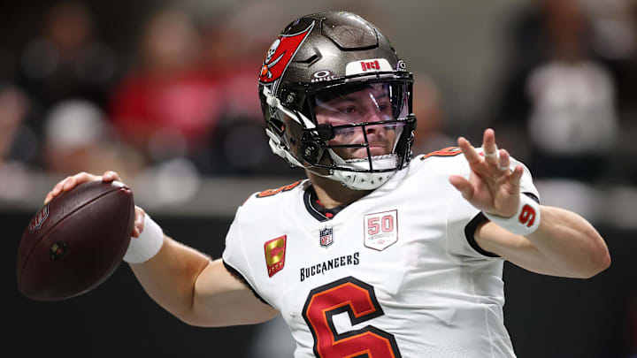 Sep 7, 2025; Atlanta, Georgia, USA; Tampa Bay Buccaneers quarterback Baker Mayfield (6) passes the ball against the Atlanta Falcons during the first quarter at Mercedes-Benz Stadium. Mandatory Credit: Brett Davis-Imagn Images