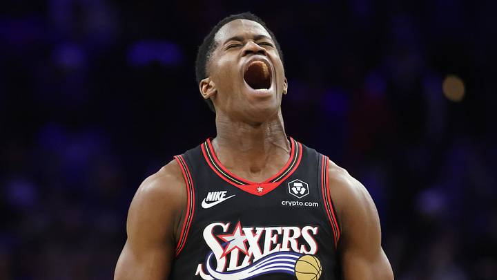 Philadelphia, Pennsylvania, USA; Philadelphia 76ers guard VJ Edgecombe (77) reacts after a play against the New York Knicks that would eventually be overturned during the fourth quarter at Xfinity Mobile Arena on January 24, 2026.