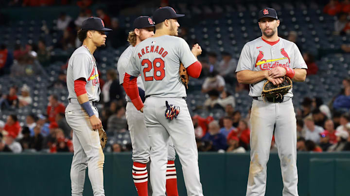 May 15, 2024; Anaheim, California, USA; St. Louis Cardinals shortstop Masyn Winn (0) and second baseman Brendan Donovan (33) and third baseman Nolan Arenado (28) and first baseman Paul Goldschmidt (46) chat during a pitching change in the seventh inning against the Los Angeles Angels at Angel Stadium. Mandatory Credit: Kiyoshi Mio-Imagn Images May 15, 2024; Anaheim, California, USA; St. Louis Cardinals shortstop Masyn Winn (0) and second baseman Brendan Donovan (33) and third baseman Nolan Arenado (28) and first baseman Paul Goldschmidt (46) chat during a pitching change in the seventh inning against the Los Angeles Angels at Angel Stadium. Mandatory Credit: Kiyoshi Mio-Imagn Images