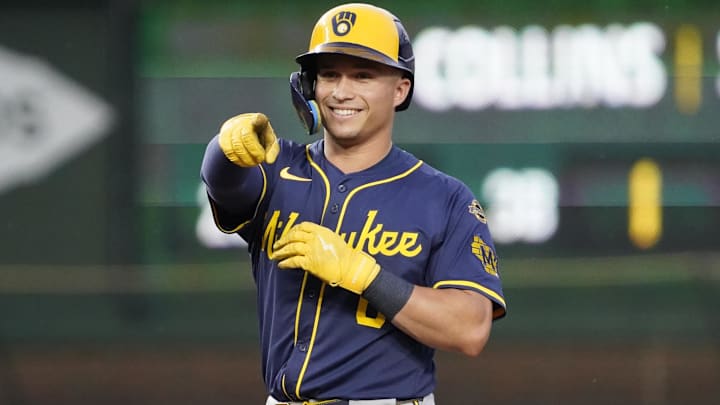Jun 17, 2025; Chicago, Illinois, USA; Milwaukee Brewers outfielder Isaac Collins (6) gestures after hitting a double against the Chicago Cubs during the fourth inning at Wrigley Field. Mandatory Credit: David Banks-Imagn Images