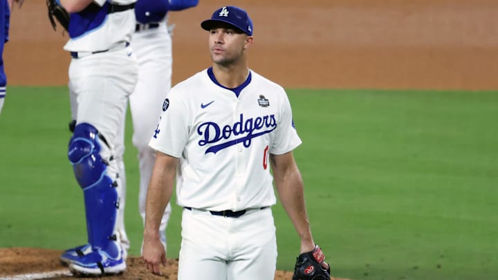 Oct 25, 2024; Los Angeles, California, USA; Los Angeles Dodgers pitcher Jack Flaherty (0) walks to the dugout in the sixth inning against the New York Yankees during game one of the 2024 MLB World Series at Dodger Stadium. Oct 25, 2024; Los Angeles, California, USA; Los Angeles Dodgers pitcher Jack Flaherty (0) walks to the dugout in the sixth inning against the New York Yankees during game one of the 2024 MLB World Series at Dodger Stadium.
