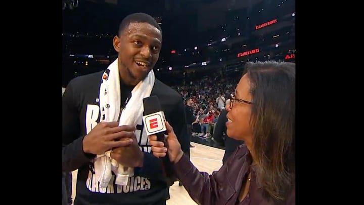 De'Aaron Fox is interviewed during his debut game with the San Antonio Spurs