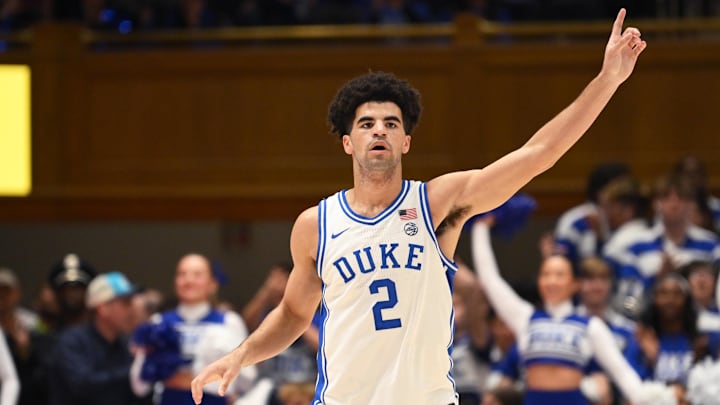 Feb 16, 2026; Durham, North Carolina, USA;  Duke Blue Devils guard Cayden Boozer (2) reacts during the second half against the Syracuse Orange at Cameron Indoor Stadium.