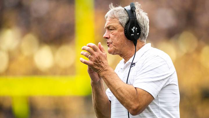 Oct 9, 2021; Iowa City, IA, USA; Iowa head coach Kirk Ferentz reacts during a NCAA Big Ten Conference football game against Penn State, Saturday, Oct. 9, 2021, at Kinnick Stadium in Iowa City, Iowa. Mandatory Credit: Joseph Cress-Imagn Images Oct 9, 2021; Iowa City, IA, USA; Iowa head coach Kirk Ferentz reacts during a NCAA Big Ten Conference football game against Penn State, Saturday, Oct. 9, 2021, at Kinnick Stadium in Iowa City, Iowa. Mandatory Credit: Joseph Cress-Imagn Images
