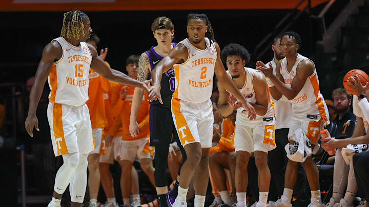 Dec 17, 2024; Knoxville, Tennessee, USA; Tennessee Volunteers guard Jahmai Mashack (15) and guard Chaz Lanier (2) react to a play against the Western Carolina Catamounts during the first half at Thompson-Boling Arena at Food City Center. Mandatory Credit: Randy Sartin-Imagn Images Dec 17, 2024; Knoxville, Tennessee, USA; Tennessee Volunteers guard Jahmai Mashack (15) and guard Chaz Lanier (2) react to a play against the Western Carolina Catamounts during the first half at Thompson-Boling Arena at Food City Center. Mandatory Credit: Randy Sartin-Imagn Images