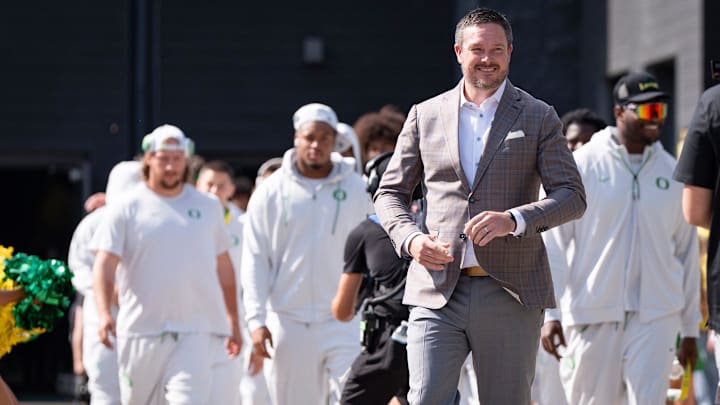 Oregon head coach Dan Lanning leads his team during the entry walk as the Oregon Ducks host the Montana State Bobcats on Aug. 30, 2025, at Autzen Stadium in Eugene, Oregon.