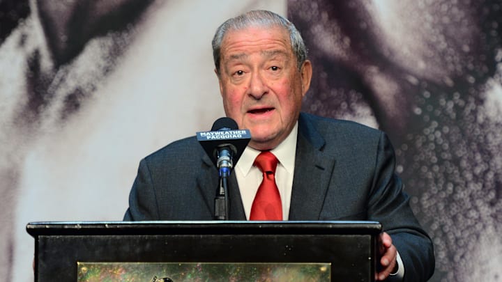 Apr 29, 2015; Las Vegas, NV, USA; Top Rank Promotions ceo Bob Arum speaks during a press conference at KA Theatre. Mandatory Credit: Joe Camporeale-Imagn Images