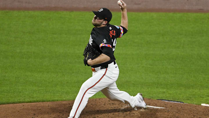 Sep 20, 2024; Baltimore, Maryland, USA;  Baltimore Orioles pitcher Corbin Burnes (39) throws a third inning pitch against the Detroit Tigers at Oriole Park at Camden Yards. Mandatory Credit: Tommy Gilligan-Imagn Images