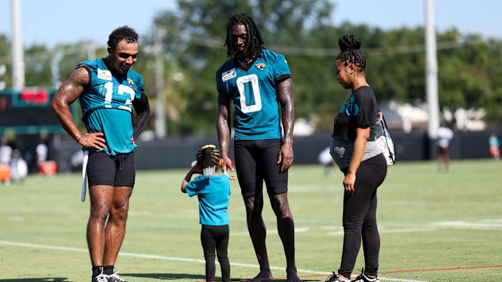 Jul 26, 2023; Jacksonville, FL, USA; Jacksonville Jaguars wide receiver Calvin Ridley (0) and wide Jul 26, 2023; Jacksonville, FL, USA; Jacksonville Jaguars wide receiver Calvin Ridley (0) and wide
