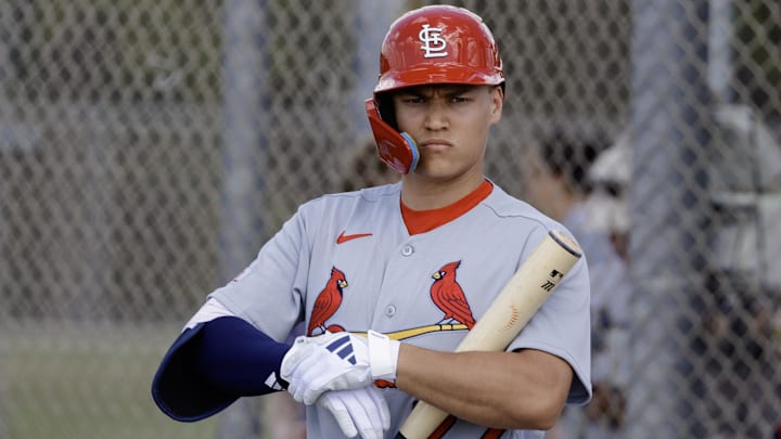Feb 16, 2026; Jupiter, FL, USA;  St. Louis Cardinals infielder JJ Wetherholt (77) during spring training workouts at Roger Dean Stadium. Mandatory Credit: Reinhold Matay-Imagn Images