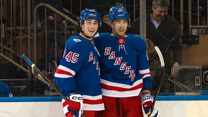 Apr 5, 2026; New York, New York, USA; New York Rangers left wing Will Cuylle (50) celebrates his hat trick goal against the Washington Capitals during the third period at Madison Square Garden. Apr 5, 2026; New York, New York, USA; New York Rangers left wing Will Cuylle (50) celebrates his hat trick goal against the Washington Capitals during the third period at Madison Square Garden.