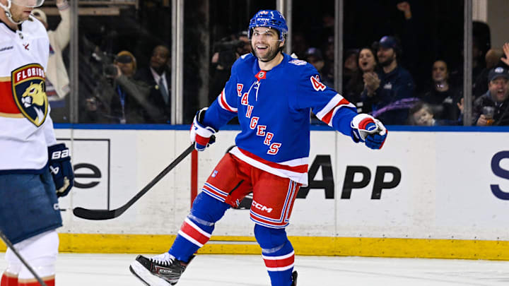 Mar 29, 2026; New York, New York, USA;  New York Rangers left wing Conor Sheary (43) celebrates his goal against the Florida Panthers during the third period at Madison Square Garden. Mandatory Credit: Dennis Schneidler-Imagn Images