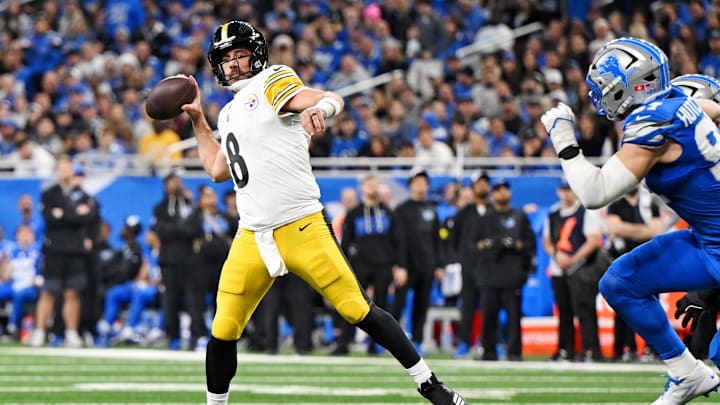 Dec 21, 2025; Detroit, Michigan, USA; Pittsburgh Steelers quarterback Aaron Rodgers (8) drops back to make a pass during the fourth quarter against the Detroit Lions at Ford Field. Mandatory Credit: Lon Horwedel-Imagn Images