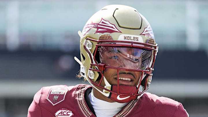 Sep 6, 2025; Tallahassee, Florida, USA; Florida State Seminoles quarterback Tommy Castellanos (1) before the game against the East Texas A&M Lions at Doak S. Campbell Stadium. Mandatory Credit: Melina Myers-Imagn Images