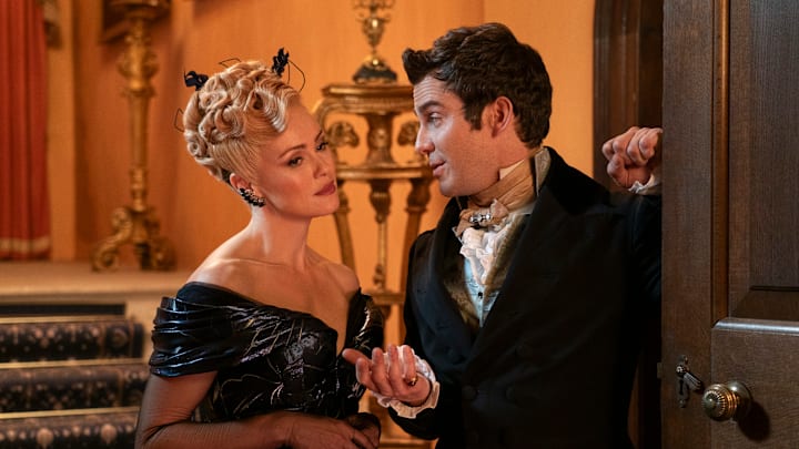Bridgerton. (L to R) Hannah New as Lady Tilley Arnold, Luke Thompson as Benedict Bridgerton in episode 303 of Bridgerton. Cr. Liam Daniel/Netflix © 2024