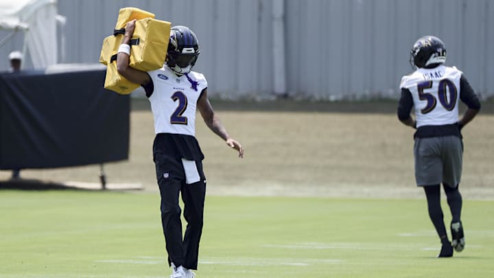 Jun 11, 2025; Baltimore, MD, USA; Baltimore Ravens cornerback Nate Wiggins (2) performs a drill during an NFL OTA at Under Armour Performance Center. Mandatory Credit: Daniel Kucin Jr.-Imagn Images