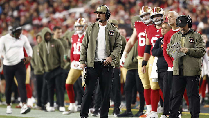 Nov 24, 2025; Santa Clara, California, USA; San Francisco 49ers head coach Kyle Shanahan during the second half at Levi's Stadium. Mandatory Credit: Kelley L Cox-Imagn Images