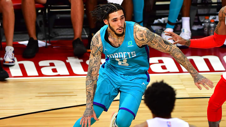 Aug 16, 2021; Las Vegas, Nevada, USA; Charlotte Hornets forward LiAngelo Ball (8) dribbles during an NBA Summer League game against the Chicago Bulls at Thomas & Mack Center. Mandatory Credit: Stephen R. Sylvanie-Imagn Images Aug 16, 2021; Las Vegas, Nevada, USA; Charlotte Hornets forward LiAngelo Ball (8) dribbles during an NBA Summer League game against the Chicago Bulls at Thomas & Mack Center. Mandatory Credit: Stephen R. Sylvanie-Imagn Images