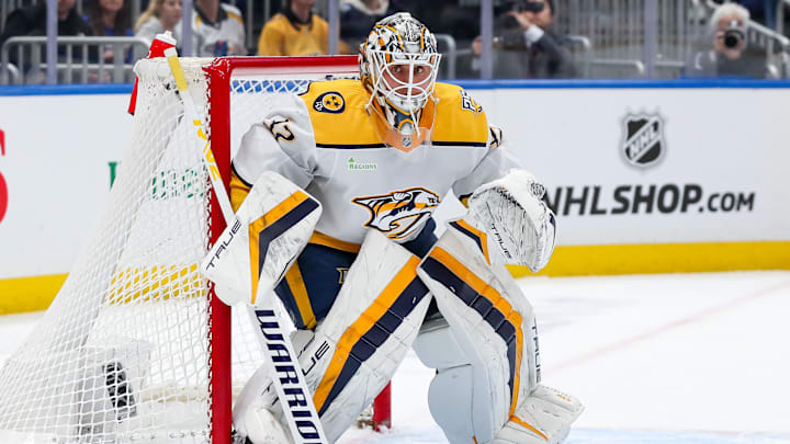 Apr 6, 2024; Elmont, New York, USA; Nashville Predators goaltender Kevin Lankinen (32) in action against the New York Islanders during the second period at UBS Arena. Mandatory Credit: Tom Horak-Imagn Images