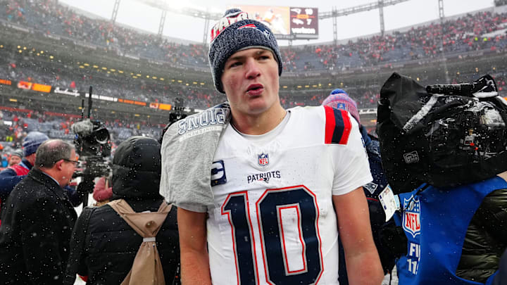 Jan 25, 2026; Denver, CO, USA; New England Patriots quarterback Drake Maye (10) reacts after defeating the Denver Broncos in the 2026 AFC Championship Game at Empower Field at Mile High. Mandatory Credit: Ron Chenoy-Imagn Images
