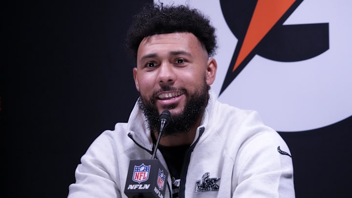 Feb 2, 2026; San Jose, CA, USA; New England Patriots linebacker Harold Landry III (2) speaks to the media during Opening Night for Super Bowl LX at San Jose Convention Center. Mandatory Credit: Kirby Lee-Imagn Images Feb 2, 2026; San Jose, CA, USA; New England Patriots linebacker Harold Landry III (2) speaks to the media during Opening Night for Super Bowl LX at San Jose Convention Center. Mandatory Credit: Kirby Lee-Imagn Images