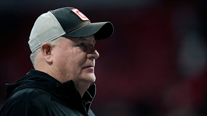 Ohio State offensive coordinator Chip Kelly watches warm ups before the start of the College Football Playoff National Championship at Mercedes-Benz Stadium in Atlanta on January 20, 2025.