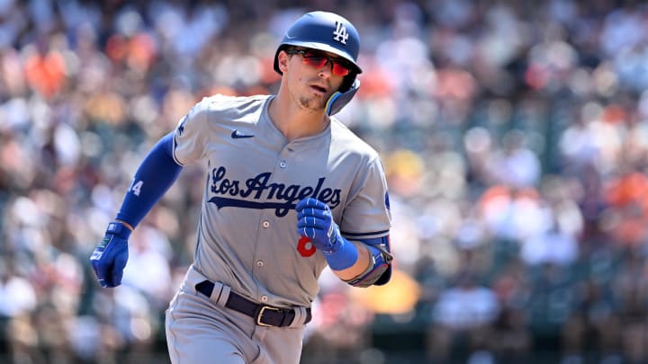 Jul 13, 2024; Detroit, Michigan, USA; Los Angeles Dodgers shortstop Enrique Hernández (8) rounds the bases after hitting a home run against the Detroit Tigers in the seventh inning at Comerica Park. Mandatory Credit: Lon Horwedel-USA TODAY Sports