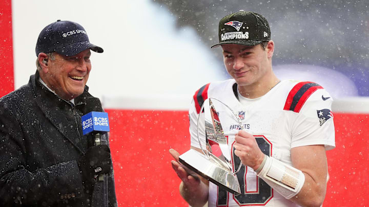 Drake Maye was presented with his first Lamar Hunt Trophy on Sunday.