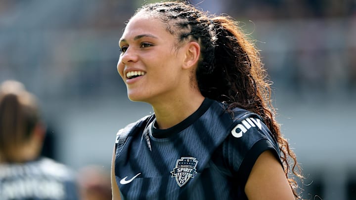 Washington Spirit forward Trinity Rodman (2) looks on during the second half against the Houston Dash at Audi Field.
