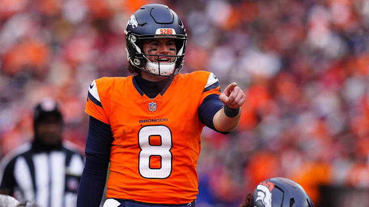 Jan 25, 2026; Denver, CO, USA; Denver Broncos quarterback Jarrett Stidham (8) reacts during the first half in the 2026 AFC Championship Game at Empower Field at Mile High.