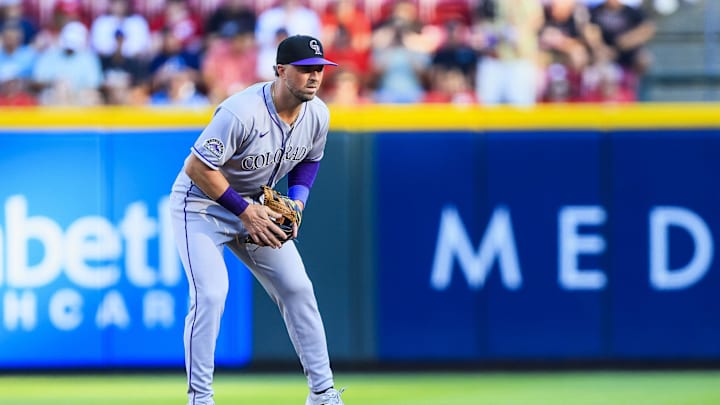 Jul 11, 2025; Cincinnati, Ohio, USA; Colorado Rockies second baseman Kyle Farmer (6) prepares for the pitch in the first inning against the Cincinnati Reds at Great American Ball Park. Mandatory Credit: Katie Stratman-Imagn Images