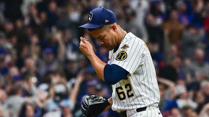 May 3, 2025; Milwaukee, Wisconsin, USA; Milwaukee Brewers starting pitcher Jose Quintana (62) reacts after giving up back-to-back home runs in the fourth inning against the Chicago Cubs at American Family Field. Mandatory Credit: Benny Sieu-Imagn Images