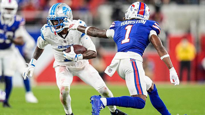 Detroit Lions wide receiver Jameson Williams (1) makes a catch against Buffalo Bills cornerback Maxwell Hairston (1) during the second half at Highmark Stadium in Orchard Park, NY, on Thursday, Sept. 17, 2026. Detroit Lions wide receiver Jameson Williams (1) makes a catch against Buffalo Bills cornerback Maxwell Hairston (1) during the second half at Highmark Stadium in Orchard Park, NY, on Thursday, Sept. 17, 2026.