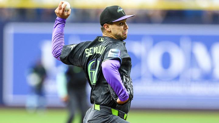 Jun 20, 2026; St. Petersburg, Florida, USA; Tampa Bay Rays starting pitcher Ian Seymour (61) throws a pitch against the Washington Nationals in the first inning at Tropicana Field.