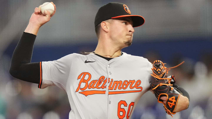 Jul 24, 2024; Miami, Florida, USA; Baltimore Orioles starting pitcher Chayce McDermott (60) pitches against the Miami Marlins in the first inning at loanDepot Park. Jul 24, 2024; Miami, Florida, USA; Baltimore Orioles starting pitcher Chayce McDermott (60) pitches against the Miami Marlins in the first inning at loanDepot Park.