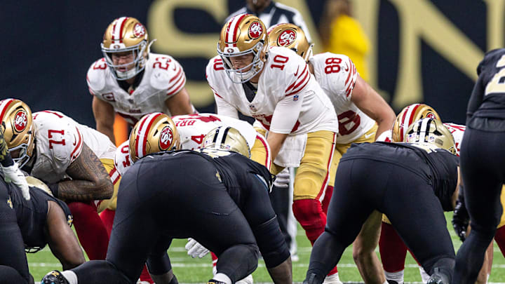 San Francisco 49ers quarterback Mac Jones (10) calls for the ball against the New Orleans Saints during the second half at Caesars Superdome. Mandatory Credit: Stephen Lew-Imagn Images