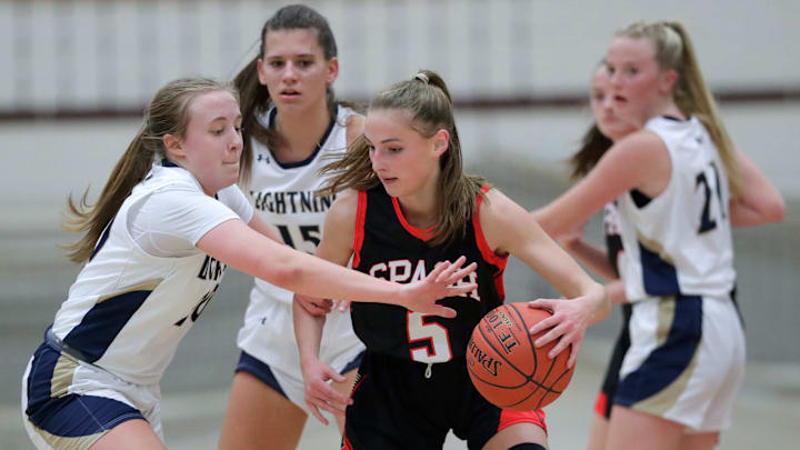 Appleton North High School's Avery Werfal (20) defends against SPASH   s Jada Seubert (5) Thursday, November 16, 2023, in Appleton, Wis. Appleton North won 72-50.