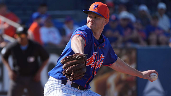 Feb 25, 2024; Port St. Lucie, Florida, USA;  New York Mets pitcher Tyler Jay pitches against the Houston Astros