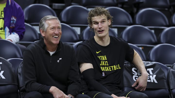 Mar 15, 2024; Salt Lake City, Utah, USA; Utah Jazz forward Lauri Markkanen (23) speaks with shooting coach Jeff Hornacek before the game against the Atlanta Hawks at Delta Center. Mandatory Credit: Rob Gray-USA TODAY Sports